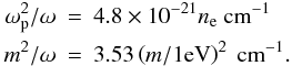 Mathematical equation: \begin{eqnarray} \omega _{\rm p}^2/\omega &=& 4.8\times 10^{-21}n_{\rm e} ~{\rm cm}^{-1}\nonumber\\ m^2/\omega &=& 3.53 \left(m/1 {\rm eV}\right)^2 ~{\rm cm}^{-1}. \end{eqnarray}