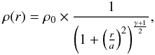 Mathematical equation: \begin{eqnarray} \rho(r) = \rho_0 \times {1 \over \left(1+ \left({r\over a}\right)^2\right)^{{\gamma+1\over 2}}}, \label{eq:eff} \end{eqnarray}