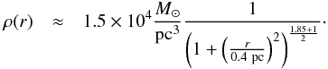 Mathematical equation: \begin{eqnarray} \rho(r) & \approx & 1.5\times10^4 {M_\odot\over\rm pc^3} {1 \over \left(1+ \left({r\over 0.4~{\rm pc}}\right)^2\right)^{{1.85+1\over 2}}}\cdot \end{eqnarray}