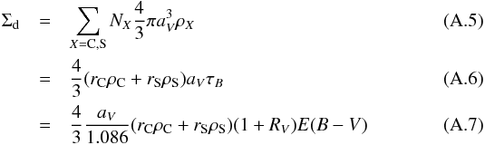 Mathematical equation: \appendix \setcounter{section}{1} \begin{eqnarray} \Sigma_{\rm d} & = & \sum_{X = {\rm C,S}} N_X{4\over 3}\pi a_V^3\rho_X\\ & = & {4\over3}(r_{\rm C} \rho_{\rm C} + r_{\rm S} \rho_{\rm S})a_V\tau_B\\ & = & {4\over3}{a_V\over1.086}(r_{\rm C}\rho_{\rm C} + r_{\rm S} \rho_{\rm S})(1+R_V)E(B-V) \end{eqnarray}