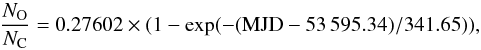 Mathematical equation: \begin{equation} \frac{N_{\rm O}}{N_{\rm C}} = 0.27602 \times (1 - \exp(-({\rm MJD}-53\,595.34)/341.65)), \label{eq:o-to-c} \end{equation}