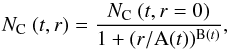 Mathematical equation: \begin{equation} {N_{\rm C}}~(t,r) = \frac{N_{\rm C}~(t,r = 0)}{1 + (r/{\rm A}(t))^{{\rm B}(t)}}, \label{eq:contam_tr} \end{equation}