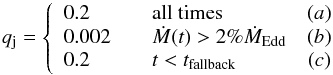Mathematical equation: \begin{eqnarray} \label{eq:scen} q_{\rm j} = \left\{ \begin{array}{l l c} 0.2& \quad {\rm all~times} & (a) \\ 0.002& \quad \dot{M}(t)>2\% \dot{M}_{\rm Edd} &(b)\\ 0.2&\quad t<t_{\rm fallback} & (c) \\ \end{array} \right. \end{eqnarray}