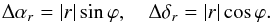 Mathematical equation: \begin{equation} \Delta \alpha_r = |r| \sin \varphi, \ \ \ \ \Delta \delta_r = |r| \cos \varphi . \end{equation}