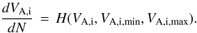 Mathematical equation: \begin{equation} \frac{d{V_\mathrm{A,i}}}{dN} \,=\, H({V_\mathrm{A,i}},{V_\mathrm{A,i,min}},{V_\mathrm{A,i,max}}) . \end{equation}