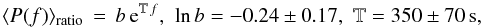 Mathematical equation: \begin{equation} \langle P(f)\rangle_\mathrm{ratio} \,=\, b\,\mathrm{e}^{\compd\,f} ,\,\, \ln b = -0.24\pm 0.17 ,\,\, \compd = 350\pm70\,\mathrm{s} ,\label{eq:compfit} \end{equation}