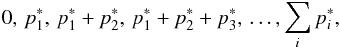 Mathematical equation: \begin{equation} 0,\,p^*_1,\,p^*_1+p^*_2,\,p^*_1+p^*_2+p^*_3,\,\dots,\sum_ip^*_i, \end{equation}