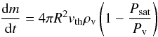 Mathematical equation: \begin{eqnarray} \frac{{\rm d}m}{{\rm d}t} = 4\pi R^2v_{\rm th}\rho_{\rm v} \left(1-\frac{P_{\rm sat}}{P_{\rm v}}\right) \, \label{eq:cond} \end{eqnarray}