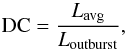 Mathematical equation: \begin{equation} \label{eq:ucxb:dutycycle} \mathrm{DC} = \frac{L_\mathrm{avg}}{L_\mathrm{outburst}}, \end{equation}