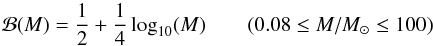 Mathematical equation: \appendix \setcounter{section}{1} \begin{equation} \label{eq:ucxb:binarity} \mathcal{B}(M) = \frac{1}{2} + \frac{1}{4}\log_{10}(M) \qquad (0.08 \le M/M_{\odot} \le 100) \end{equation}