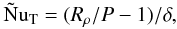 Mathematical equation: \begin{equation} \Nt=(R_\rho/P-1)/\delta, \end{equation}
