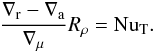 Mathematical equation: \begin{equation} {\nabla_\mr{r}-\nabla_\mr{a}\over \nabla_\mu}R_\rho=\nut. \end{equation}