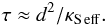 Mathematical equation: \begin{equation} \tau\approx d^2/\kse. \end{equation}