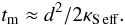 Mathematical equation: \begin{equation} t_\mr{m}\approx d^2/2\kse. \end{equation}