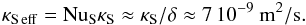 Mathematical equation: \begin{equation} \kse=\nus\ks\approx\ks/\delta\approx7\, 10^{-9}~\mr{m}^2/\mr{s} . \end{equation}