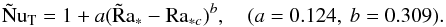 Mathematical equation: \begin{equation} \Nt=1+a(\tilde{\mr {R}}\mr{a}_*-\mr{Ra}_{*c})^b, \quad (a=0.124,~b=0.309).\label{niem} \end{equation}