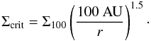 Mathematical equation: \begin{equation} \Sigma_{\rm crit} = \Sigma_{100} \left( {100~\mathrm{AU} \over r} \right)^{1.5}\cdot \label{critdens} \end{equation}