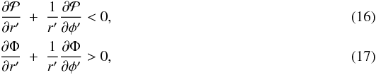 Mathematical equation: \begin{eqnarray} \label{pres} {\partial {\cal P} \over \partial r^\prime} &+& {1 \over r^\prime}{\partial {\cal P} \over \partial \phi^\prime} <0, \\ {\partial \Phi \over \partial r^\prime} &+& {1 \over r^\prime}{\partial \Phi \over \partial \phi^\prime} >0, \label{grav} \end{eqnarray}