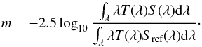 Mathematical equation: \begin{equation} \label{eq:} m = -2.5\log_{10}\frac{\int_\lambda \lambda T(\lambda) S(\lambda) {\rm d}\lambda}{\int_\lambda \lambda T(\lambda) S_\text{ref}(\lambda) {\rm d}\lambda}\cdot \end{equation}