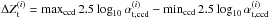 Mathematical equation: \hbox{$\Delta\zp_{\rm t}^{(i)} = \max_{\rm ccd}2.5\log_{10}\alpha_{\rm t,ccd}^{(i)} - \min_{\rm ccd} 2.5\log_{10}\alpha_{\rm t,ccd}^{(i)}$}