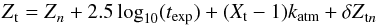 Mathematical equation: \begin{equation} \label{eq:15} \zp_{\rm t} = \zp_n + 2.5 \log_{10}(t_\text{exp}) + (X_{\rm t}-1)k_{\rm atm} + \delta \zp_{{\rm t}n} \end{equation}