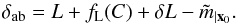 Mathematical equation: \begin{equation} \label{eq:landaboffset} \delta_\ab = L + \LtoM(C) + \delta L - \umag[\tilde m] . \end{equation}