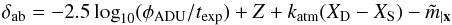 Mathematical equation: \begin{equation} \label{eq:32} \delta_\ab = -2.5\logdec(\madu[\phi]/t_\text{exp}) + \zp + k_\text{atm} (X_{\rm D} - X_{\rm S}) - \cmaga \end{equation}