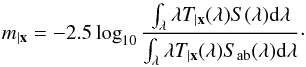 Mathematical equation: \begin{equation} \label{eq:24} \cmag = -2.5\log_{10}\frac{\int_\lambda \lambda \cmag[T](\lambda) S(\lambda) {\rm d}\lambda}{\int_\lambda \lambda \cmag[T](\lambda) S_\ab(\lambda) {\rm d}\lambda}\cdot \end{equation}