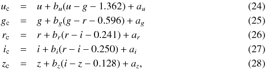 Mathematical equation: \begin{eqnarray} u_{\rm c} &=& u + b_u(u-g-1.362) +a_u\label{eq:PT2SDSSa}\\ g_{\rm c} &=& g + b_g(g-r-0.596)+ a_g\\ r_{\rm c} &=& r + b_r(r-i-0.241) + a_r\\ i_{\rm c} &=& i + b_i(r-i-0.250)+ a_i\\ z_{\rm c} &=& z + b_z(i-z-0.128)+ a_z\label{eq:PT2SDSSc}, \end{eqnarray}