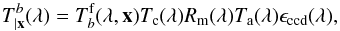 Mathematical equation: \begin{equation} \label{eq:11} \cmag[T]^b(\lambda) = T_b^{\rm f}(\lambda, \x) T_{\rm c}(\lambda) R_{\rm m}(\lambda) T_{\rm a}(\lambda) \epsilon_\text{ccd}(\lambda), \end{equation}