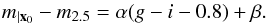 Mathematical equation: \begin{equation} \umag - \smag = \alpha (g-i-0.8) + \beta.\label{eq:27} \end{equation}