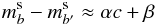 Mathematical equation: \begin{equation} \label{eq:34} m^{\rm s}_b - m^{\rm s}_{b'} \approx \alpha c + \beta \end{equation}