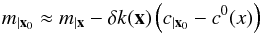 Mathematical equation: \begin{equation} \label{eq:4} \umag \approx \cmag - \dk(\x) \left(\umag[c]-c^0(x)\right) \end{equation}