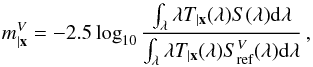 Mathematical equation: \begin{equation} \cmag^V = -2.5\log_{10}\frac{\int_\lambda \lambda \cmag[T](\lambda) S(\lambda) {\rm d}\lambda}{\int_\lambda \lambda \cmag[T](\lambda) S^V_\text{ref}(\lambda) {\rm d}\lambda}\,,\label{eq:28} \end{equation}