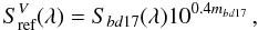 Mathematical equation: $$ S_\text{ref}^V(\lambda) = S_\bdref (\lambda) 10^{0.4 m_\bdref}\,, $$
