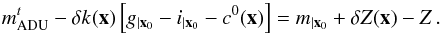 Mathematical equation: \begin{equation} \label{eq:30} \madu^t - \dk(\x) \left[\umag[g]-\umag[i] - c^0(\x)\right] = \umag + \dzp(\x) - \zp\,. \end{equation}