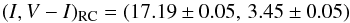 Mathematical equation: \begin{equation} (I, V-I)_{\rm RC} = (17.19 \pm 0.05, \,3.45 \pm 0.05) \end{equation}