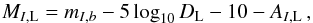 Mathematical equation: \begin{equation} \label{eq:absmag} M_{I, {\rm L}}=m_{I, b} - 5\log_{10}\dl - 10 - A_{I, {\rm L}}\, , \end{equation}