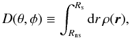 Mathematical equation: \begin{equation} D(\theta,\phi) \equiv \int_{R_\mathrm{ns}}^{R_\mathrm{s}}\mathrm{d}r\,\rho(\vec{r}) , \label{eq:surfmass} \end{equation}