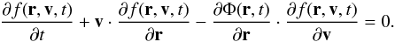 Mathematical equation: \begin{equation} \label{collisionless} \frac{\partial f({\vec r},{\vec v},t)}{\partial t}+ {\vec v}\cdot \frac{\partial f({\vec r},{\vec v},t) }{\partial {\vec r}} -\frac{\partial{\Phi({\vec r},t)}}{\partial{\vec r}} \cdot \frac{\partial f({\vec r},{\vec v},t) }{\partial {\vec v}}=0. \end{equation}