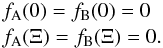 Mathematical equation: \appendix \setcounter{section}{5} \begin{equation} \label{condcont2compdin} \begin{array}{l} f_{\rm A}(0)=f_{\rm B}(0)=0\\[.55mm] f_{\rm A}(\Xi)=f_{\rm B}(\Xi)=0. \end{array} \end{equation}