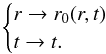 Mathematical equation: \begin{equation} \begin{cases} r \to r_0(r,t)\\ t \to t. \end{cases} \end{equation}