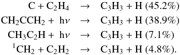 Mathematical equation: \begin{eqnarray*} \rm C + C_2H_4 &\rightarrow& \rm C_3H_3 + H~ (45.2\%) \\ \rm CH_2CCH_2 +~h\nu &\rightarrow& \rm C_3H_3 + H ~(38.9\%) \\ \rm CH_3C_2H +~h\nu &\rightarrow& \rm C_3H_3 + H~ (7.1\%) \\ \rm ^1CH_2 + C_2H_2 &\rightarrow&\rm C_3H_3 + H~ (4.8\%). \end{eqnarray*}