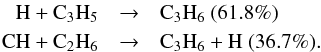 Mathematical equation: \begin{eqnarray*} \rm H + C_3H_5 &\rightarrow& \rm C_3H_6 ~(61.8\%) \\ \rm CH + C_2H_6 &\rightarrow& \rm C_3H_6 + H ~(36.7\%). \end{eqnarray*}