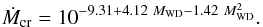 Mathematical equation: \appendix \setcounter{section}{1} \begin{equation} \dot{M}_\mathrm{cr} = 10^{-9.31+4.12~M_\mathrm{WD}-1.42~M_\mathrm{WD}^2}. \label{eq_ch2:YungelsonMdot} \end{equation}