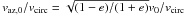 Mathematical equation: \hbox{$v_\mathrm{az,0}/v_\mathrm{circ}=\sqrt{(1-e)/(1+e)}v_0/v_\mathrm{circ}$}