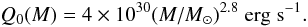 Mathematical equation: \begin{equation} Q_0(M) = 4 \times 10^{30} (M/M_\odot)^{2.8} \;\mathrm{erg\;s}^{-1}. \end{equation}