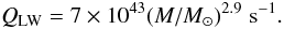 Mathematical equation: \begin{equation} Q_\mathrm{LW}=7\times10^{43} (M/M_\odot)^{2.9} \;\mathrm{s}^{-1} . \end{equation}