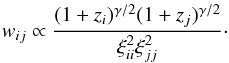 Mathematical equation: \begin{equation} w_{ij}\propto {(1+z_i)^{\gamma/2}(1+z_j)^{\gamma/2}\over\xi_{ii}^2\xi_{jj}^2} \cdot \label{weights} \end{equation}