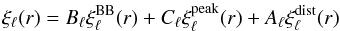 Mathematical equation: \begin{equation} \xi_\ell(r) = B_\ell\xi_\ell^{\rm BB}(r) + C_\ell\xi^\mathrm{peak}_\ell(r) + A_\ell\xi_\ell^\mathrm{dist}(r) \label{eq:detection_fit} \end{equation}
